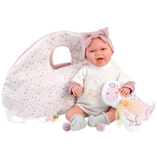 Llorens: Mimi Sonrisas 42cm-es kacagó újszülött baba hordozóval