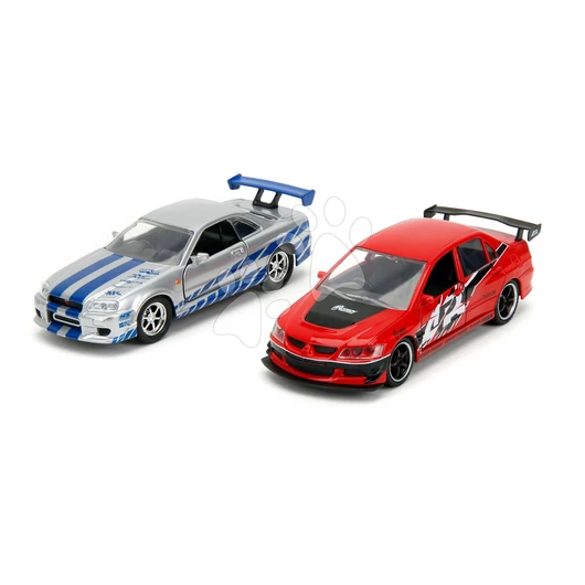 Autíčka Mitsubishi Lancer Evolution IX a Nissan Skyline GTR R34 Fast & Furious Twin Pack Jada kovové s otvárateľnými dverami dĺžka 12 cm 1:32 JA3202019
