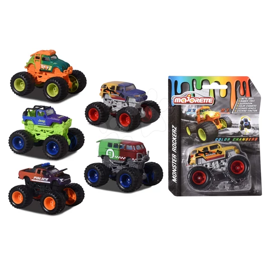 Színváltós kisautók Monster Rockerz Color Changers Majorette felfüggesztéssel és gumikerekekkel 7,5 cm hosszú 5 különböző fajta
