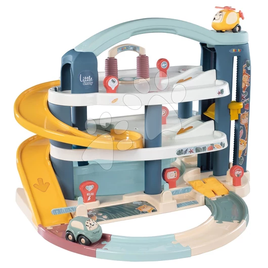 Háromemeletes garázs Grand Garage Little Smoby lifttel autómosóval autóval és helikopterrel 18 hó-tól
