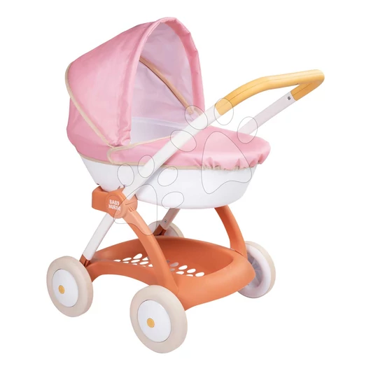 Mély babakocsi textil huzattal Pram Soft Baby Nurse Smoby 42 cm játék babának 58 cm magas tolókarral 18 hó-tól