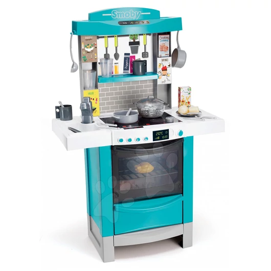 Játékkonyha Cook'tronic Bubble Smoby elektronikus, mágikus buborékozással, hanggal és fénnyel és 21 kiegészítővel türkíz