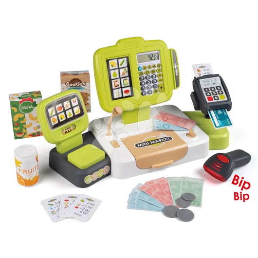 Pénztárgép elektronikus funkciókkal Large Cash Register Smoby működő szkennerrel számológéppel és mechanikus mérleggel 30 kiegészítő