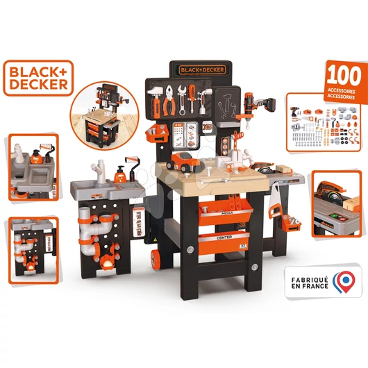 Barkácsműhely háromszárnyú Black&Decker Mega Center Smoby gépész vízvezeték-szerelő festő és asztalos 100 db tartozék 103 cm magas