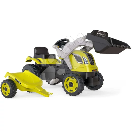 Pedálos traktor homlokrakodóval és utánfutóval Farmer Max Green Tractor+Trailer Smoby zöld állítható üléssel és hanggal 169 cm
