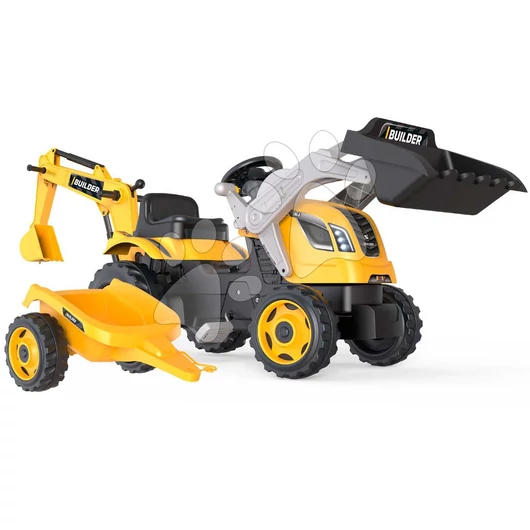 Pedálos traktor homlokrakodóval és markolóval Builder Max Tractor+Trailer Smoby állítható üléssel és hanggal 182 cm