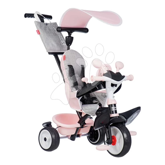 Tricikli és babakocsi egyben fékkel Baby Driver Grey Tricycle Smoby intuitív vezérléssel és halk EVA kerekekkel szürke 10 hó-tól