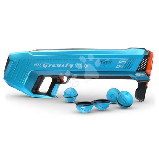 Vodný granátomet s farebným LED displejom SpyraGravity Blue Spyra s integrovanou batériou s USB-C nabíjaním a 4 vodné granáty s dostrelom 16 m SPGR1B