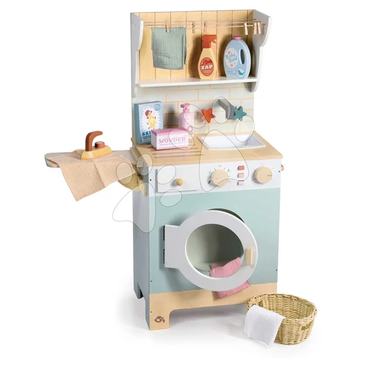Fa mosoda elöltöltős mosógéppel Laundrette Tender Leaf Toys mosdóval vasalóval és szennyestartóval 92 cm magas