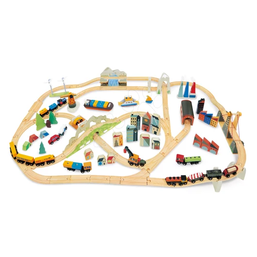 Fa vonatpálya hegyekben Mountains View Train Set Tender Leaf Toys Utazás a Föld körül  városokon és hegyeken keresztül 58 darabos