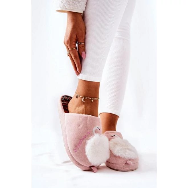 Stílusos, meleg női papucs, hattyúval, rózsaszínben
