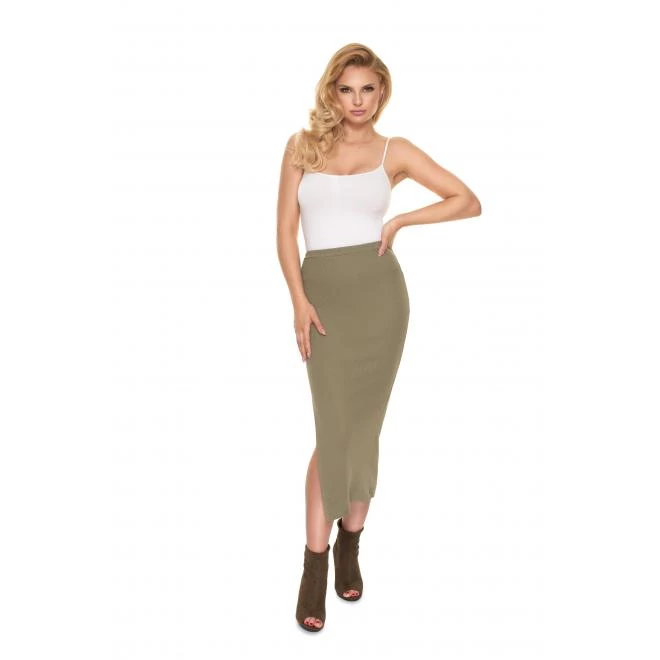 Khaki bordás maxiszoknya hasítékkal hölgyeknek