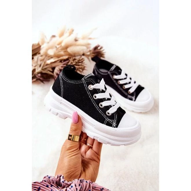 Fekete gyermek vászon tornacipő magas talpon