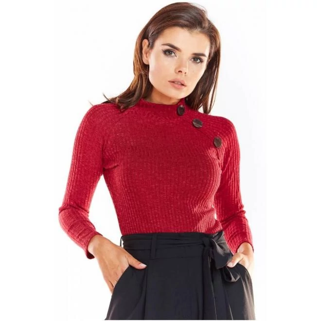 Szűk női szvetter, bordó színben díszgombokkal