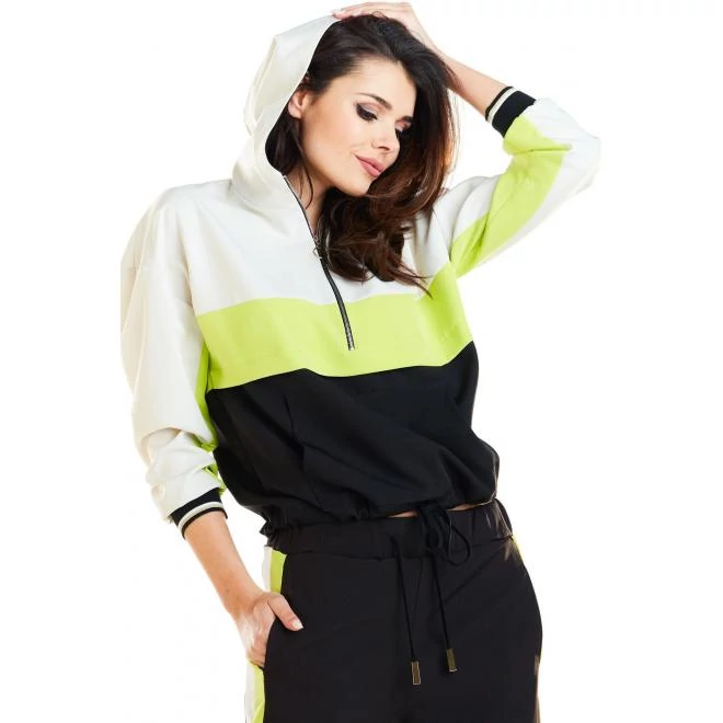 Fekete-lime színű kapucnis sport pulóver hölgyeknek