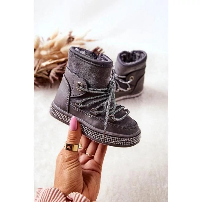 Szürke színű meleg hócsizma lányoknak kövekkel
