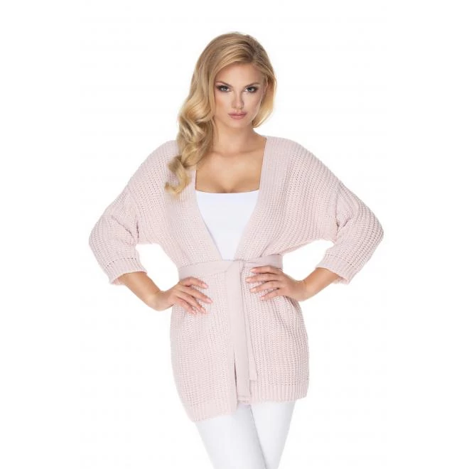 Világos rózsaszín kardigán derékban kötéssel, 3/4-es ujjal hölgyeknek