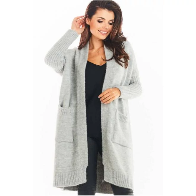 Klasszikus szürke női kardigán, rögzítés nélkül