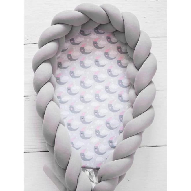 Fonott babafészek, 2 az 1-ben - szürke / holdacska