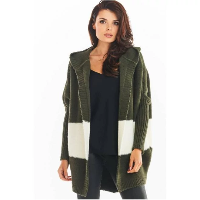 Őszi kardigán kapucnival, khaki színben, hölgyeknek