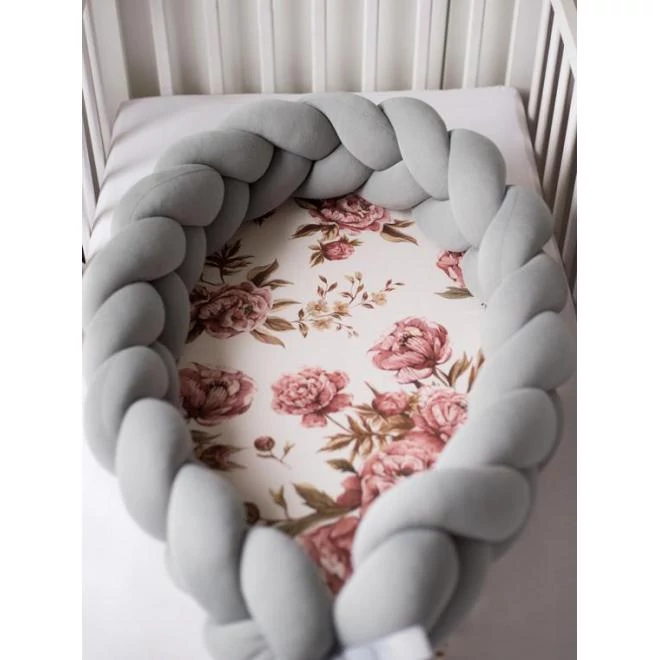 Fonott, PREMIUM babafészek, 2 az 1-ben - sötétszürke / virágok