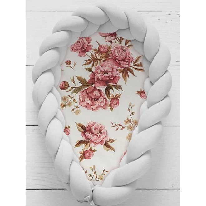 Fonott, PREMIUM babafészek, 2 az 1-ben - világosszürke  / virágok