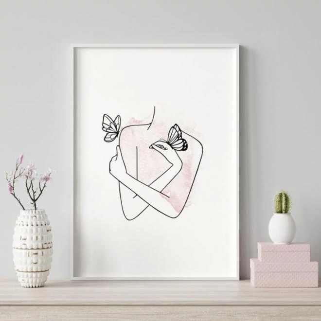 Minimalista, fali poszter, nő és pillangó motívummal