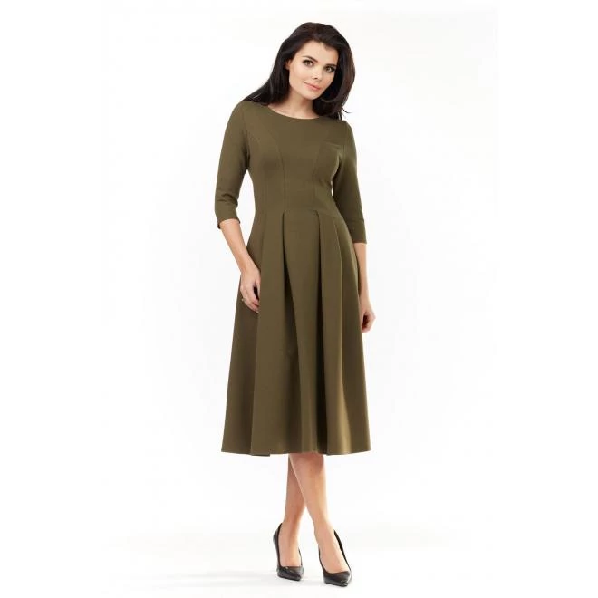 Térdig érő, elegáns női ruha khaki színben