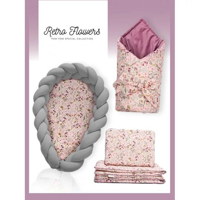 Újszülött felszerelés 4 az 1-ben - Retro virágok / sötétszürke