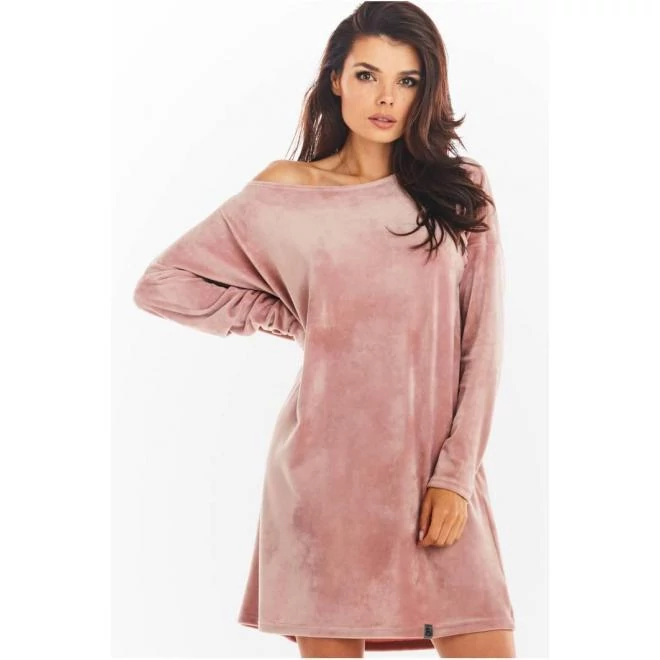 Női bő szabású, rózsaszín, hosszú ujjú bársonyruha