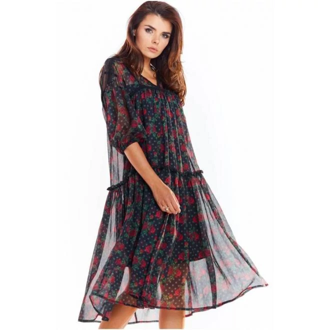 Fekete virágos ruha csipkebetétekkel hölgyeknek