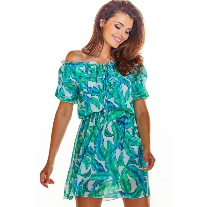 Zöld virágos ruha felfedett vállakkal hölgyeknek