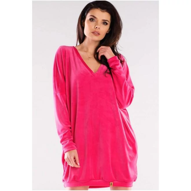 Rózsaszín, bő szabású női velúr ruha, hosszú ujjal