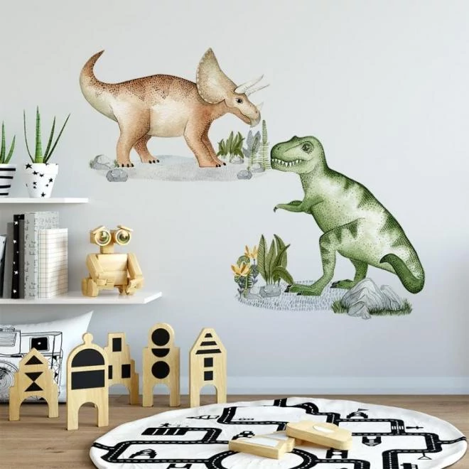 Színes matricák, tyrannosaurus és triceratops motívummal