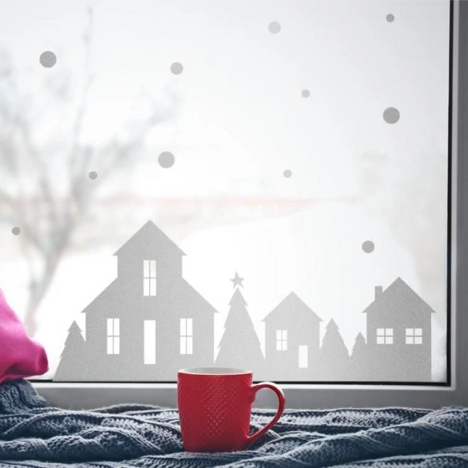 Karácsonyi matricák, téli házikók formájában