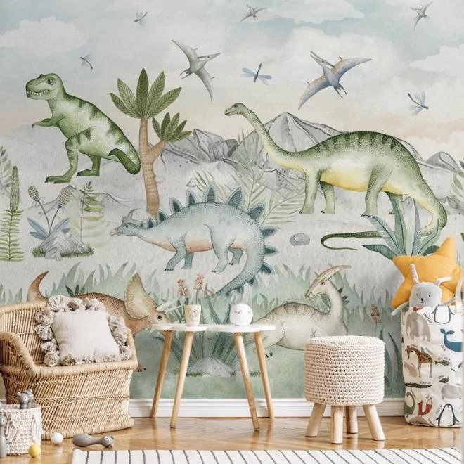 Vászon szerkezetű tapéta, dinoszaurusz motívummal