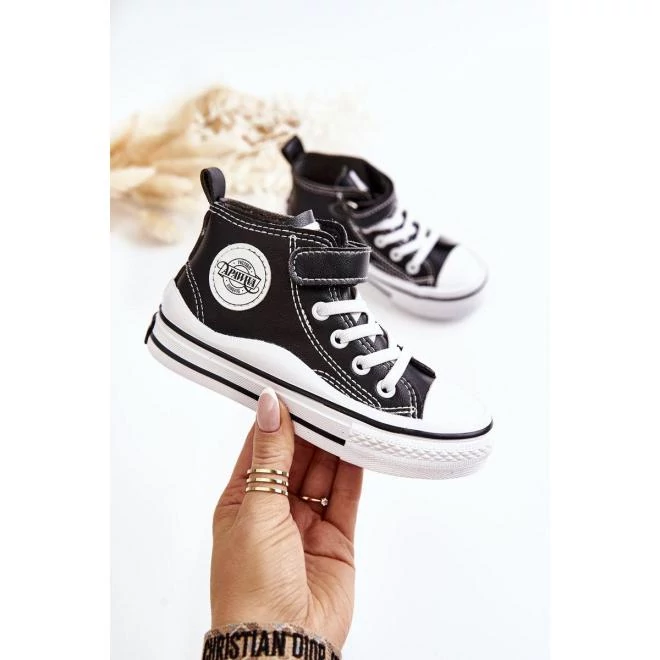 Ökológiai bőrből készült, fekete magas tornacipő