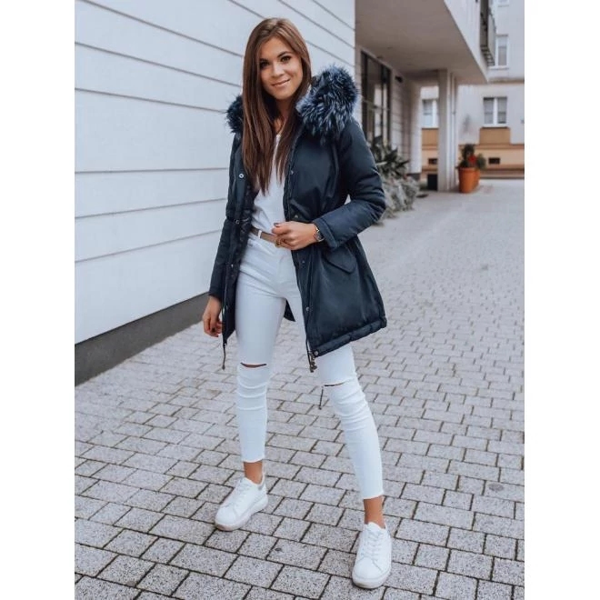 Női kétoldalas parka kabát állítható derékkal, sötétkék színben