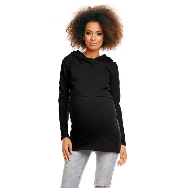 Kismama pulóver kapucnival és fedett adagolópanellel, fekete színben