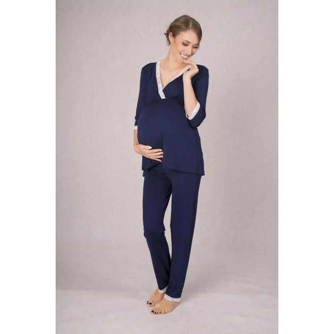 Sötétkék kétrészes női pizsama csipkével