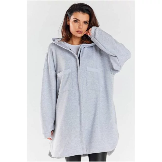 Szürke női oversize pulóver kapucnival