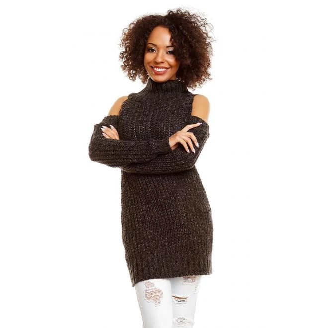 Fekete színű, bolyhos női szvetter, csupasz vállal