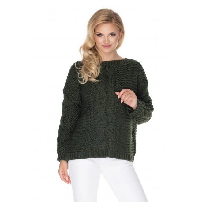 Khaki színű oversize szvetter dekoratív fonattal hölgyeknek