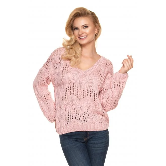 Női áttört rózsaszín oversize szvetter V-nyakkal