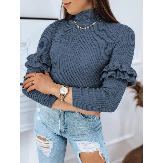 Kék színű, női bordás szvetterek, ujjain fodrokkal