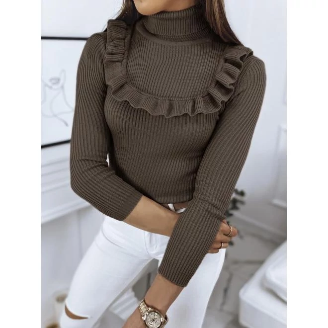 Sötétbarna bordás női szvetter dekoratív fodorral