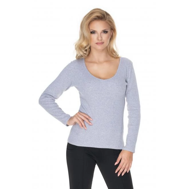 Női pamut blúz hosszú ujjjal szürke színben és nyakkivágással