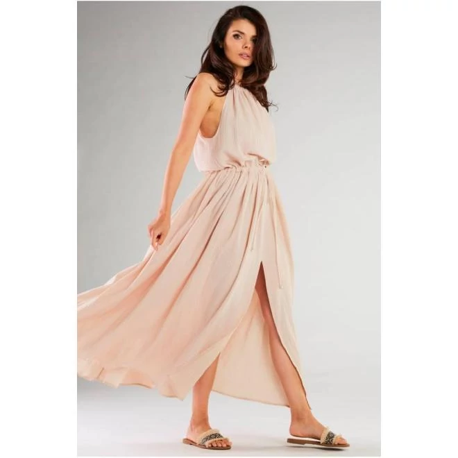 Női bézs színű maxi ruha hasítékkal