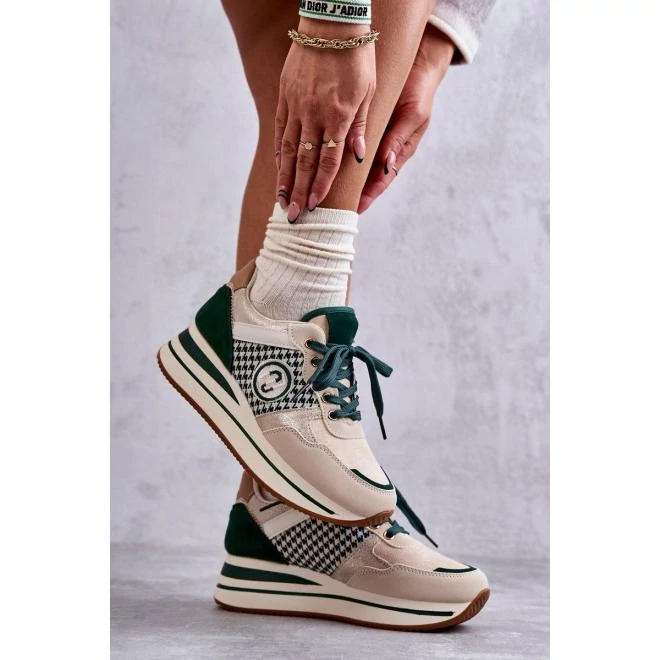 Női, bézs-zöld tornacipő, éksarokkal