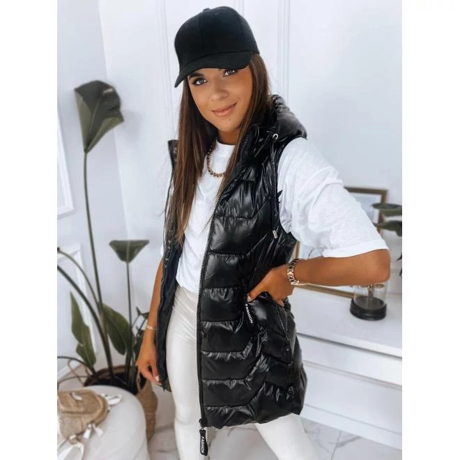 Hosszú női mellény fekete színben kapucnival